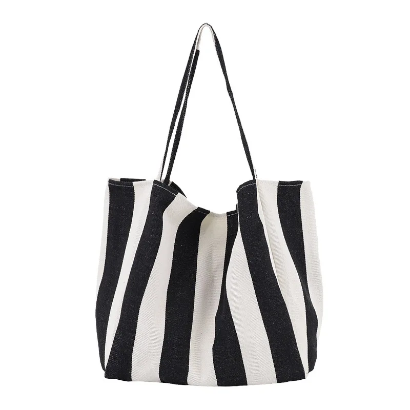 Женская Брезентовая большая сумка для покупок, модная полосатая тканевая многоразовая сумка-тоут, сумка на плечо для отдыха, Большая вместительная Эко сумка-шоппер - Цвет: wide strip black
