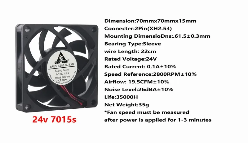 1 шт. Gdstime 70 мм x 15 мм Бесщеточный вентилятор охлаждения DC 24 В 2Pin ПК компьютер процессор кулер 70 мм x 70 мм x 15 мм 7 см
