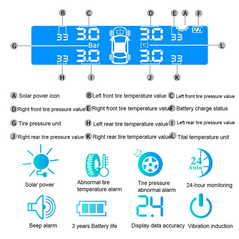 TOSPRA автомобильный TPMS система контроля давления в шинах Солнечная зарядка HD цифровой ЖК-дисплей Автоматическая сигнализация Беспроводная с 4 датчиком