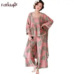 Fdfklak Новые 3 шт сексуальные пижамы Для женщин Элегантный комплект принт пижамы для женщин хлопок на осень и зиму пижамы Домашняя одежда