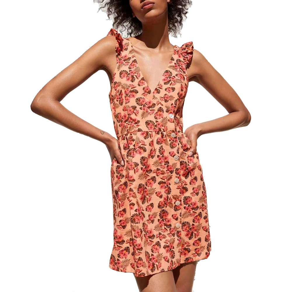 

2019 za women clothing summer floral print A-line V-neck Women pleated ruffles dresses print Dress SEXY Women sleeve