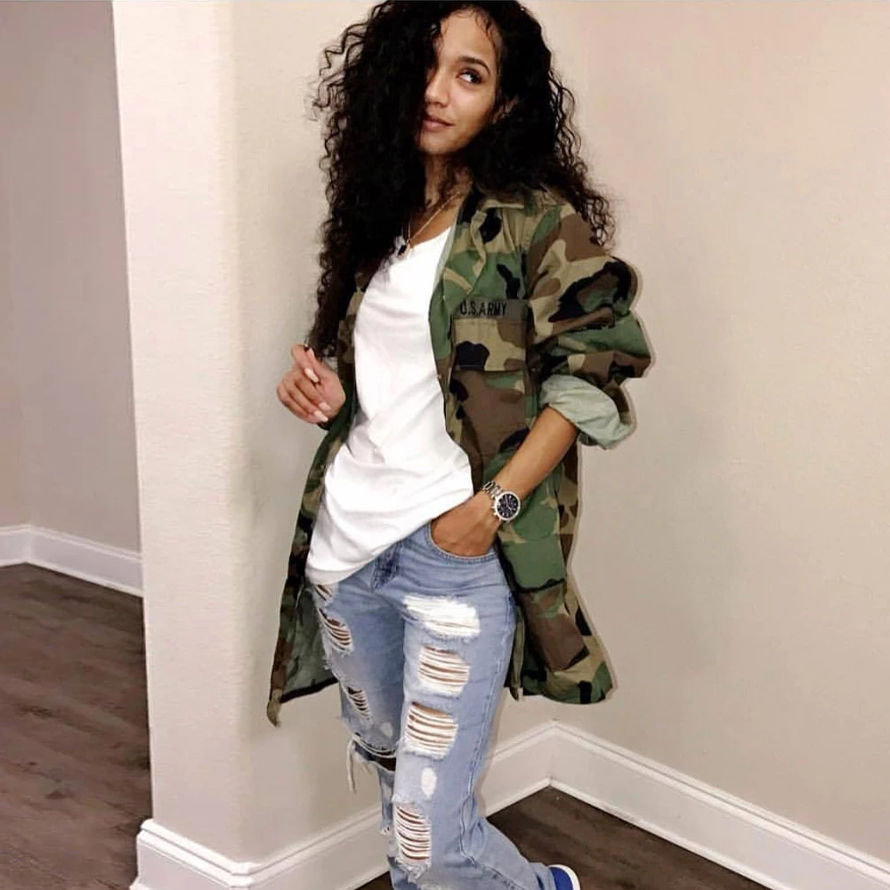 19 ファッション女性ルース迷彩コートターンダウン襟ポケット長袖ボタンアップカジュアルアーミーグリーンミリタリー生き抜くジャケット Jackets Aliexpress