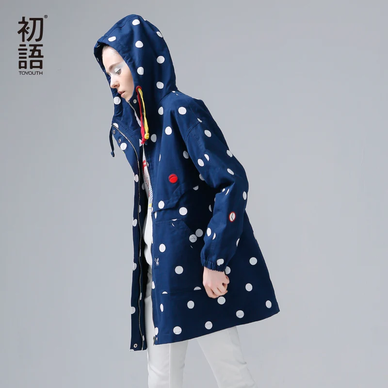 Image Toyouth New Arrival Women Casual Cotton Trench Coat Autumn Dot Printed Pockets Zipper Hooded Collar Trench Coat