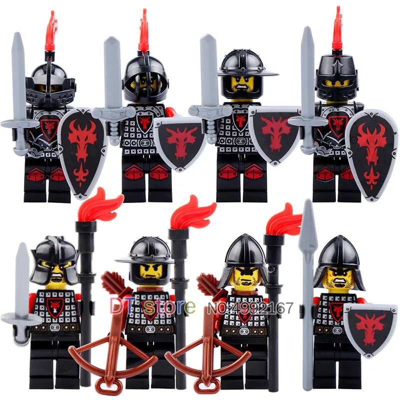 

50Pcs/Lot Medieval Castle Army Red Dragon Knight with weapons Legoed Figures Building Blocks Toys For Children Gifts 9804