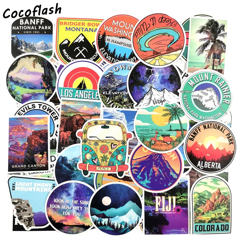 50PCS Adventure Travel Cartoon Outdoors Scenery Graffiti Sticker For Laptop Skateboard Notebook Car Motorcycle Toy Stickers