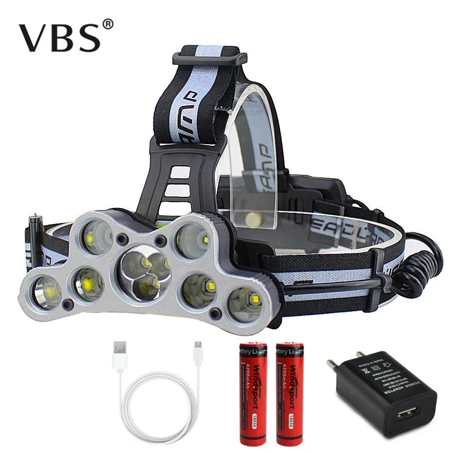 

T6 9 LED Headlight 6 Model Flashlight Torch Camping Fishing Headlamp Lantern+2* 18650 Battery +EU/US Charger+USB Cable Head Lamp