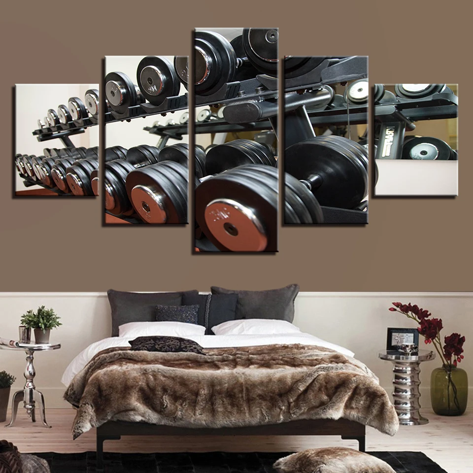 Modern Canvas Printed Wall Art Gym Dumbbells Pictures 5 Pieces Home
