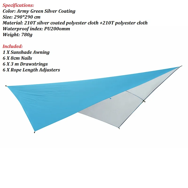 Сверхлегкий брезент открытый кемпинг выживание солнцезащитный тент непромокаемый тент серебряное покрытие водонепроницаемый Пляжный Тент - Цвет: 2.9x2.9m sky blue