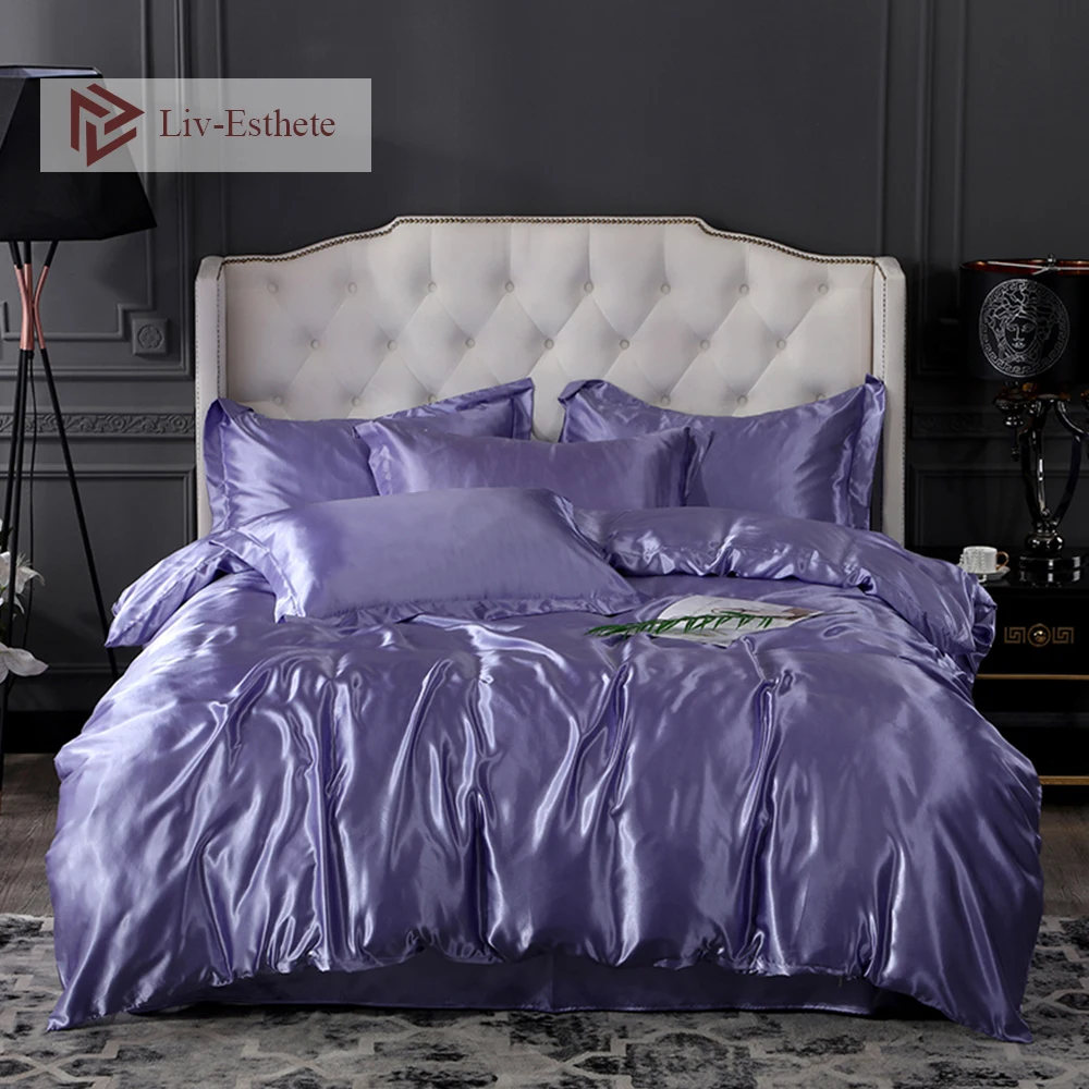 

Liv-Esthete Luxury Lilac Silk Bedding Set Soft Silky Duvet Cover Flat Sheet Pillowcase Double Queen King Adult Bed Set Wholesale
