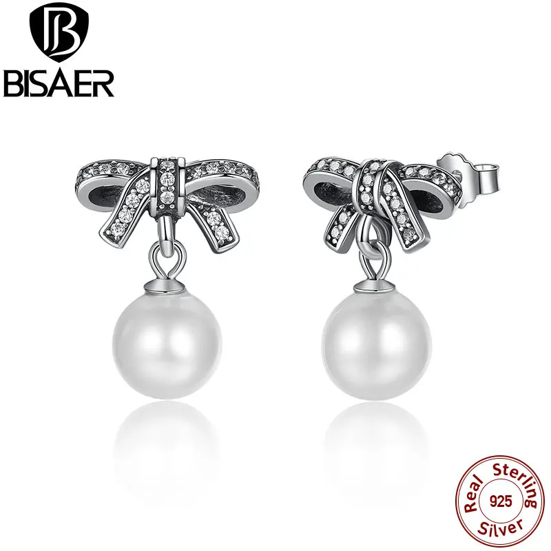 

New 925 Sterling Silver Statement Earrings Delicate Sentiments White Pearl & Clear CZ Knot Women Drop Earrings for Women WEUS460
