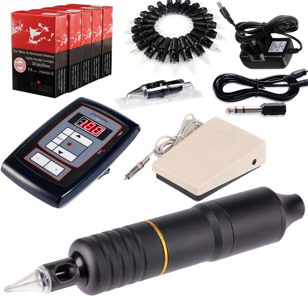 

Hybrid Rotary Tattoo Pen Kit For Liner Shader Permanent Make Up Needles Cartridges Power Supply Foot Pedal EM108KITB50