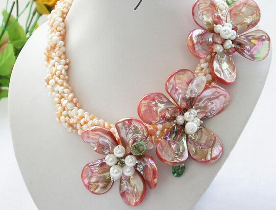 

huij 0033121 beautiful 17" 6row three clubs pink white baroque FW pearl design necklace