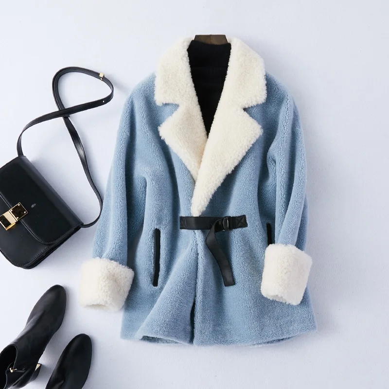 Korean style Winter 100% Real Fur wool Coat women Short blue yellow Whole Wool Skin Fur Adjustable Waist Belt Jacket