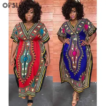 

Opslea African V Neck Print Maxi Dress Short Sleeves Side Slit Dashiki African Summer Casual Traditional Tribal Ethnic Dress