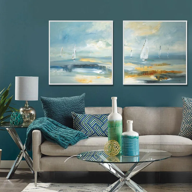 

Modern abstract landscape painting canvas print wall art home living room decoration Impressionist Ocean Sailing Painting blue