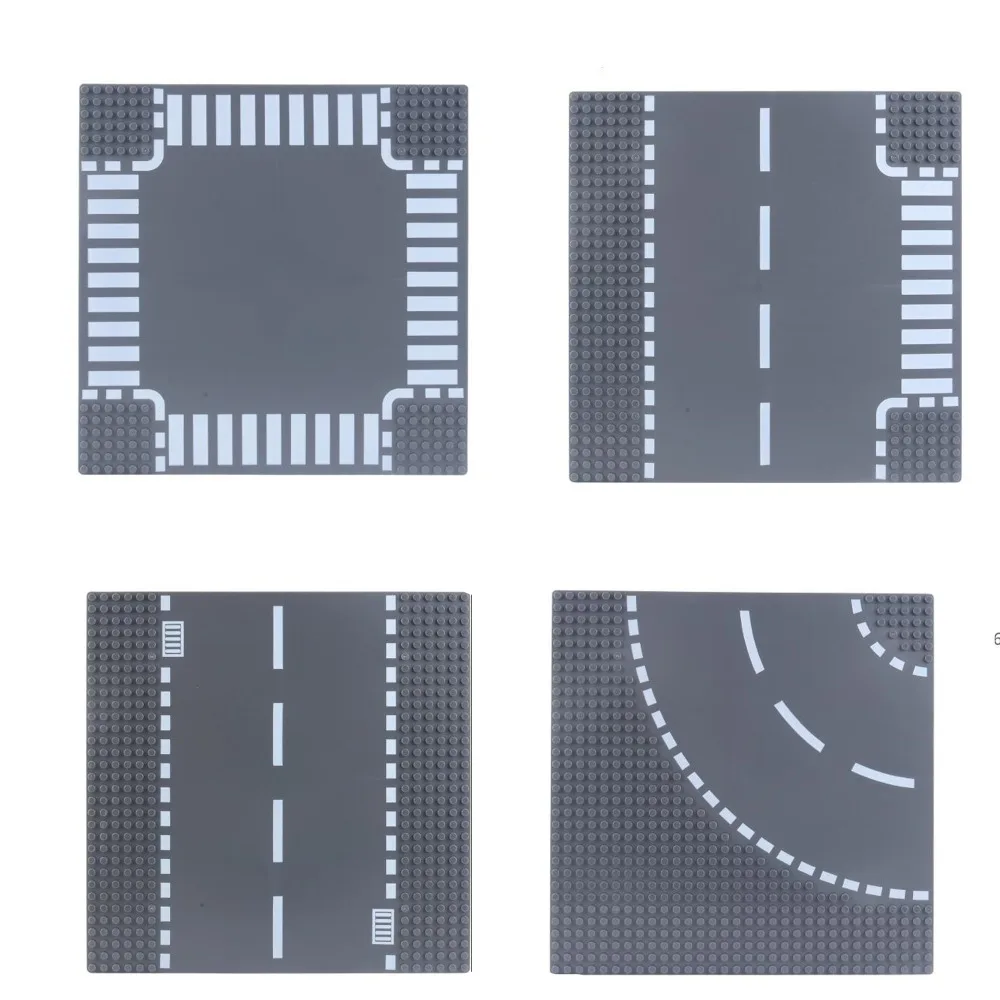 Legoingly City Street 10pcs/lot Road Plate Straight Crossroad Curve T-Junction Baseplate Building Blocks Bricks Base Plate Toys
