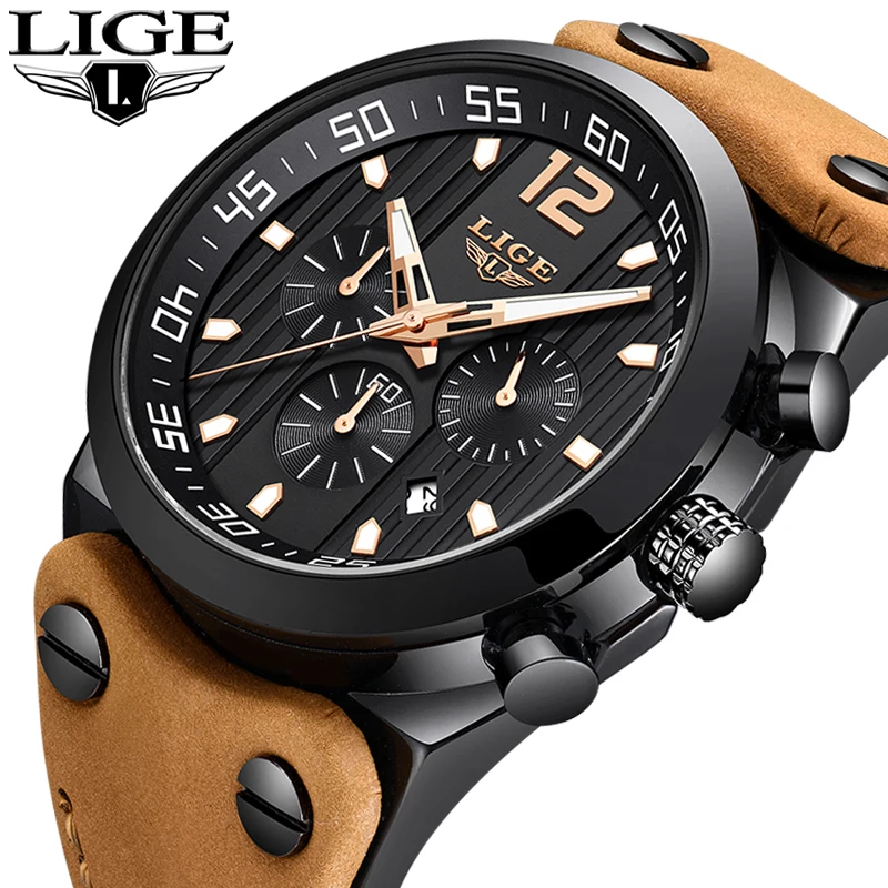 

LIGE Luxury Brand Watch Analog Leather Sports Watches Men's Army Military Watch Male Date Quartz Clock Relogio Masculino 2019