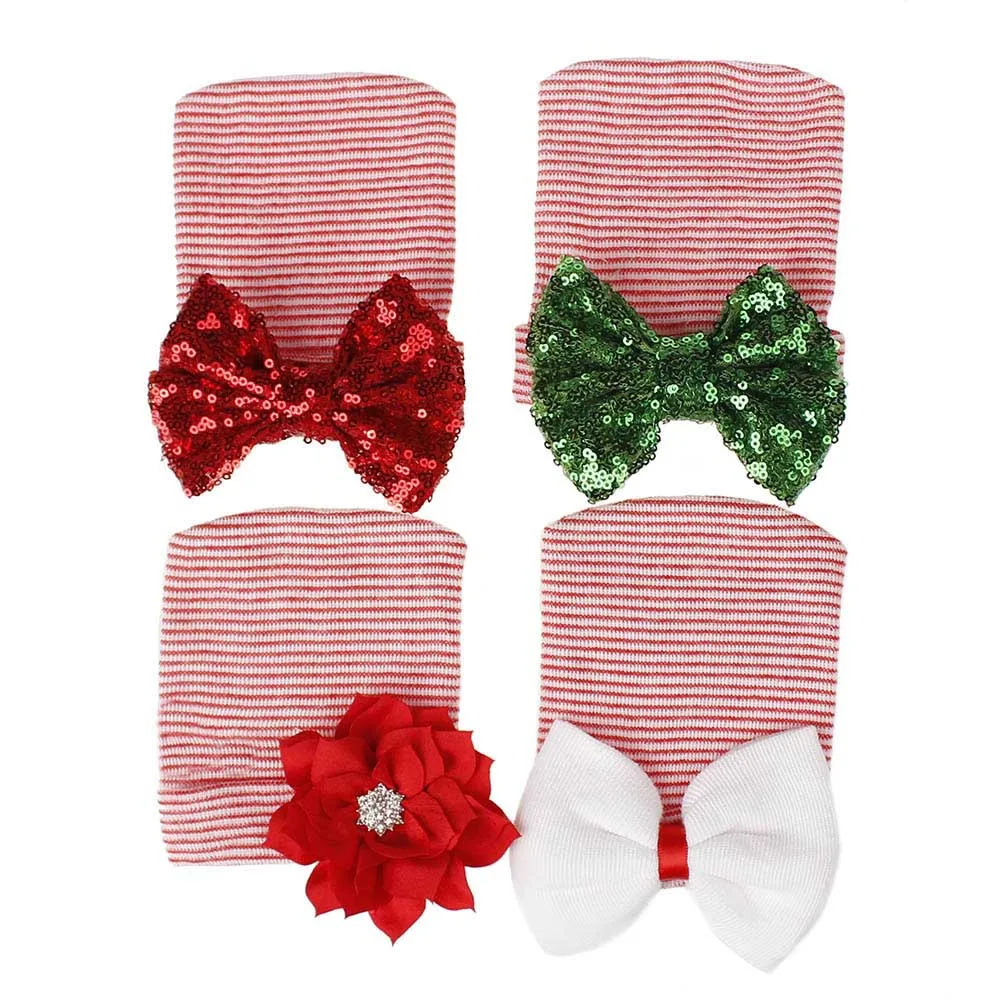 Newborn Baby Girl Knit Striped Caps Christmas Winter Toddler Princess Sequined Bowknot Hats Bebe Adjustable | Детская одежда и