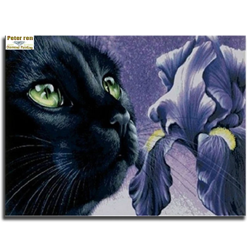 

Peter ren DIY Diamond painting Full Diamond embroidery icon square mosaic Diamante Pictures by numbers Black cat sniffing flower