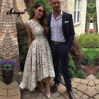 

Lace Homecoming Dresses Satin Hi Low White Ivory Party Dresses Short Front Long Back Prom Gowns Vestidos De Graduacion Dress