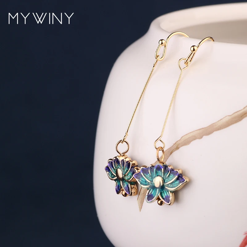MYWINY новые модные ювелирные изделия серьги Lotus Flower китайский ветер эмаль длинные