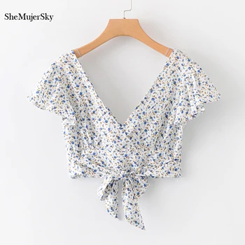 

SheMujerSky Summer Floral Tops Short Sleeve Crop Top women Cropped Blouse 2019