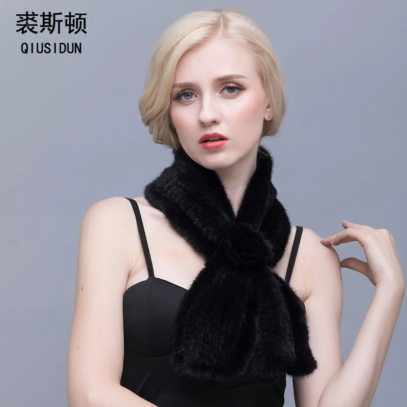

QIUSIDUN Real Mink Fur Scarf Knitted Winter Warm Men and Women Fashion Flower Black Brown Genuine Leather Rectangle Scarfs Color