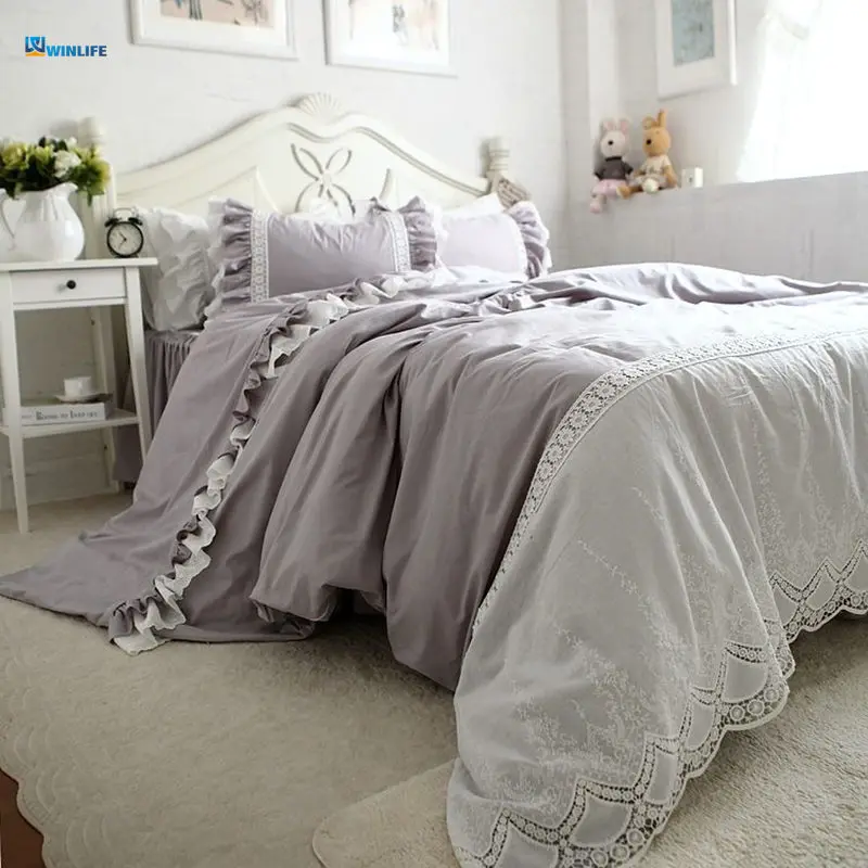 Grey luxury bedding set Embroidery lace duvet cover satin cotton bedding handsome bedspread bed 