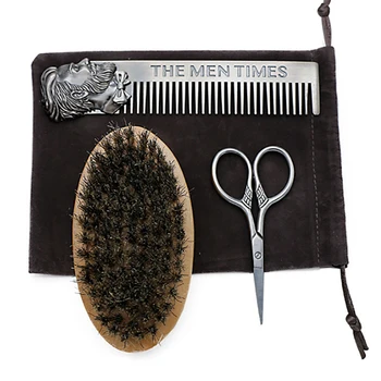 

3Pcs Men's Beard Brush Kit Set Boar Bristle Shaving Brush Verawood Beard Comb Mustache Scissor Male Facial Beard Claning Tool