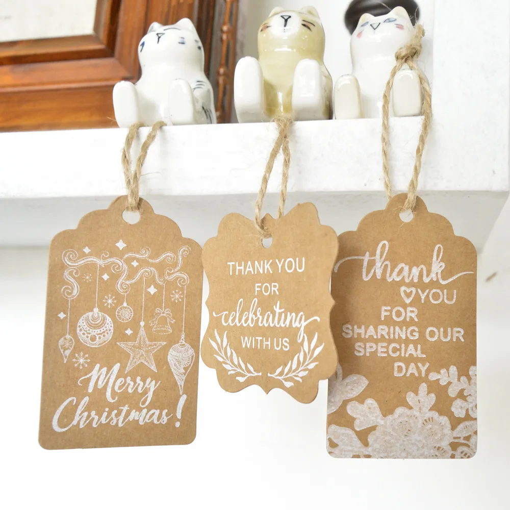 

Multi Style Kraft Paper Tags Handmade Thank You DIY Crafts Hang Tag With Rope Labels Gift Wrapping Supplies Wedding Favors 50PCS