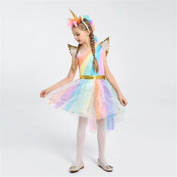 

Cosplay unique rainbow horse monster dress / headdress flying flying sleeves wings pettiskirt lace dress children kids girl