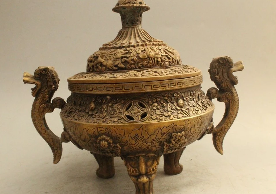 

9" Chinese Qing Dynasty Bronze 3 Foot Dragon Handle Incense Burner Censer
