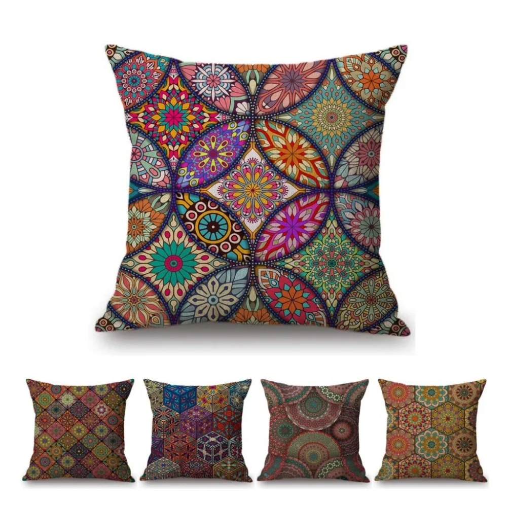 

New Fashion Mandala Design Office Chair Cushion Cover Colorful Endless Geometric Floral Cotton Linen Home Decorative Sofa Pillow