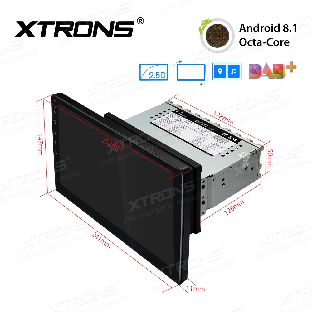 XTRONS 10," Android 8,1 Восьмиядерный радио 32 Гб Поворотная Лицевая панель 2.5D изогнутый экран автомобильный стерео плеер gps OBD 1& 2 DIN без DVD