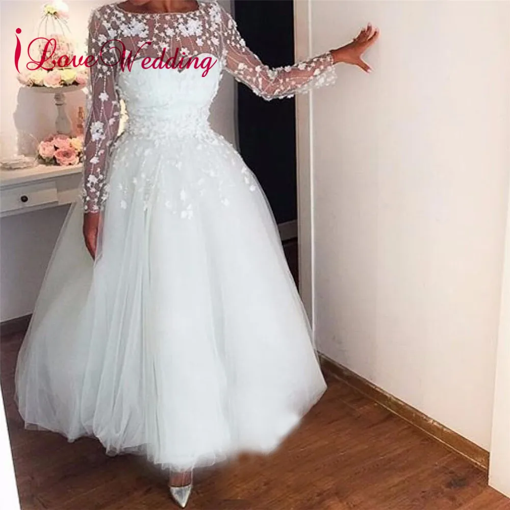 

2019 See Through Long Sleeves A Line Wedding Dress White Lace Custom made Ankle Length Short Wedding Gown Vestido De Novia