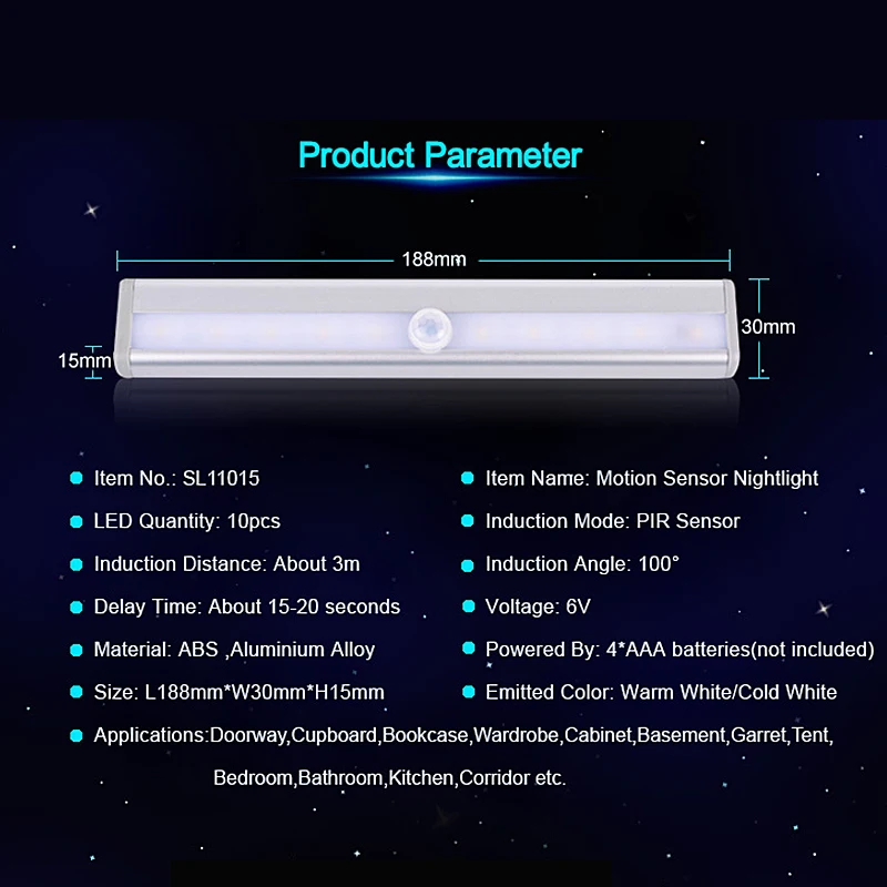  Goodland Motion Sensor LED Night Light 10 LEDs Wireless LED Closet Lights 4* AAA Battery Table Lamp - 32830624163