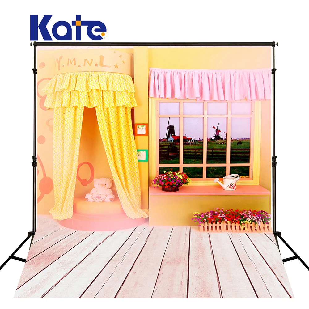 

Newborn Dress Background Wood Floor Toy Photography Backdrops Baby Pink Curtain Yellow Wall Studio Photo