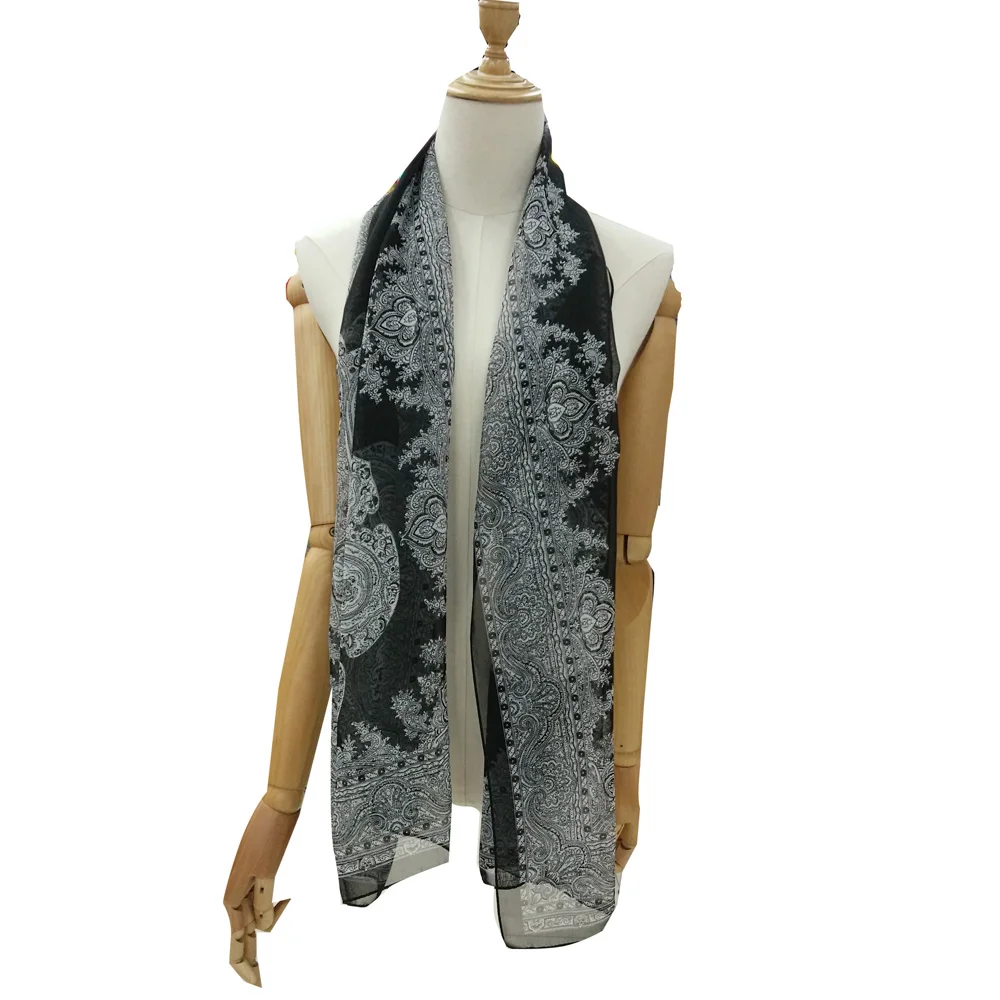 

Paisley black white lace printing imitation silk fashion women scarf spring summer wraps banada size 50x160cm LL180142