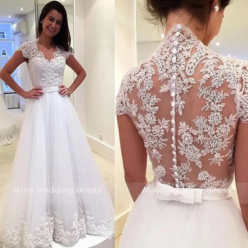 

Wedding Dresses Appliques Lace with Belt Vestido de Noiva Robe de Mariee Back Zipper and Button Bride Dress