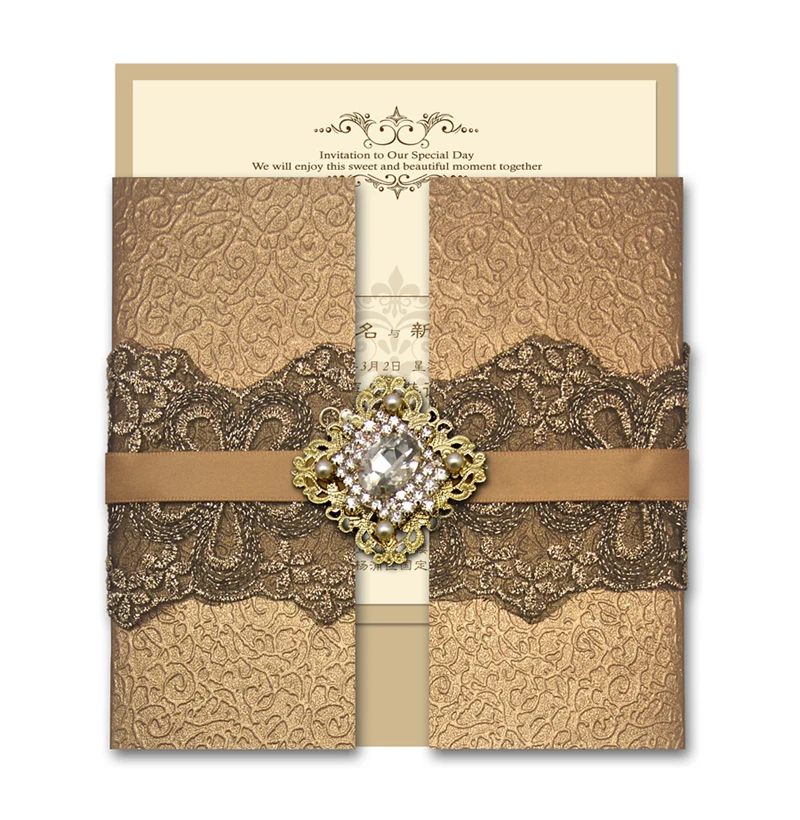  30 pcs Golden Lace Wedding Invitation Cards - Set of 30 - 32387272704