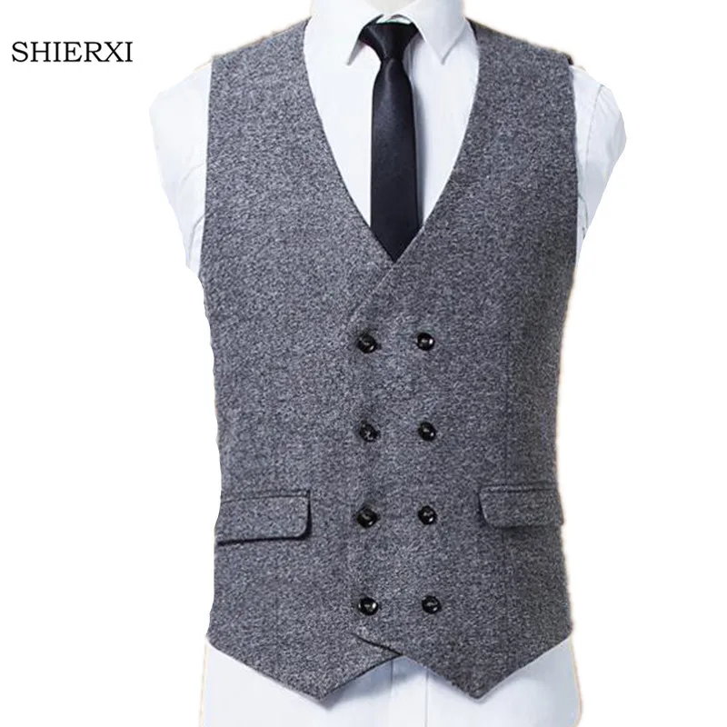 Men Vests Woollen cloth Double Breasted Sleeveless Jacket Waistcoat Men