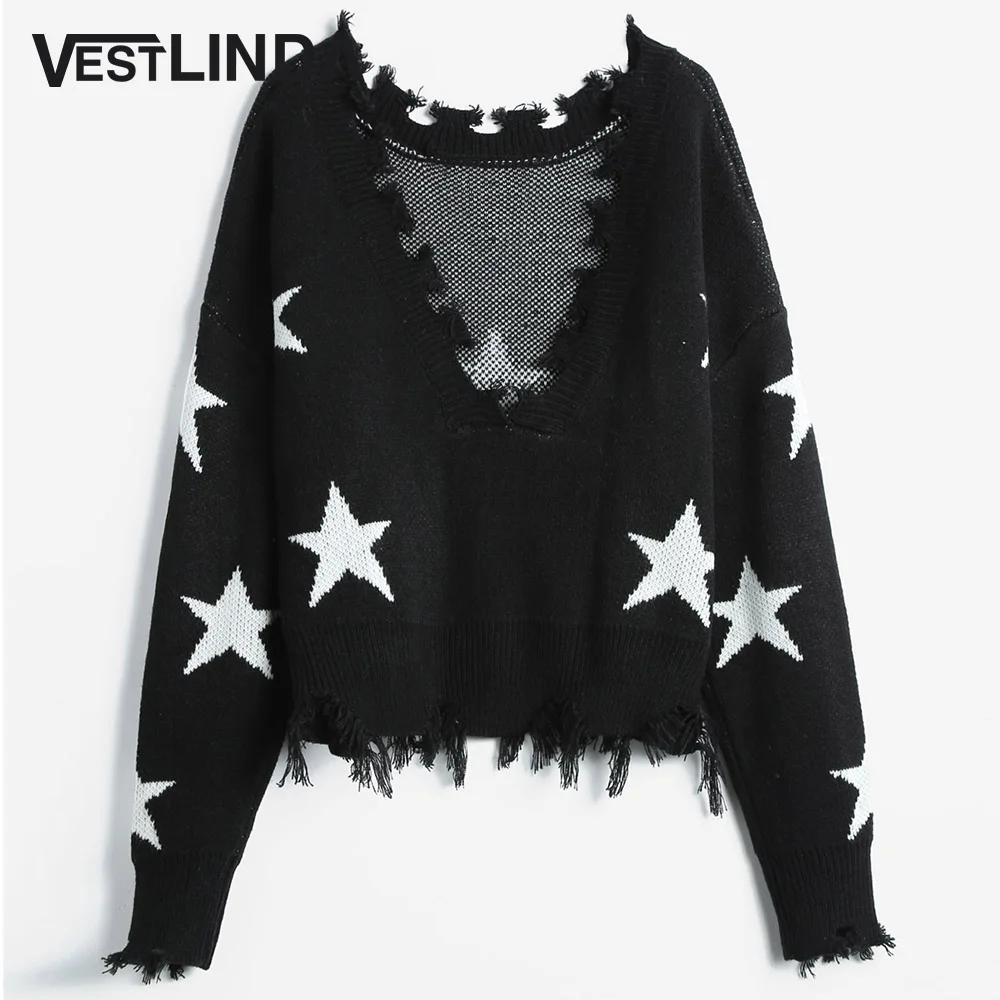 Crop Sweater Women Destroyed Stars Graphic Jumper Knitted Top Autumn Pull Femme Ripped Deep V 