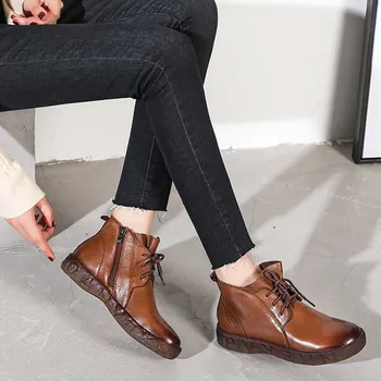 

Spring & Autumn High Quality Handmade Leather Women's Flat Boots Cow Leather Retro Lace-Up Literary Women'S Leather Boots Female