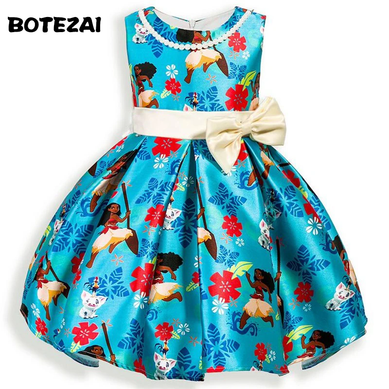 

Moana Girls Floral Dress Party Wedding Costume With Pearl Gown Tutu Blue Dress Sleeveless Cartoon Kids Baby Girls Princess Dress