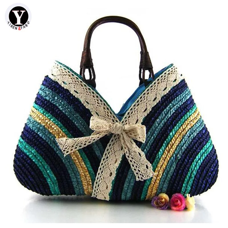 

Yirenfang Women Bag Summer Casual Fashion Bow Rainbow Stripe Straw weaving Beach Bags Handbags Women Famous Brands Shoulder Bags