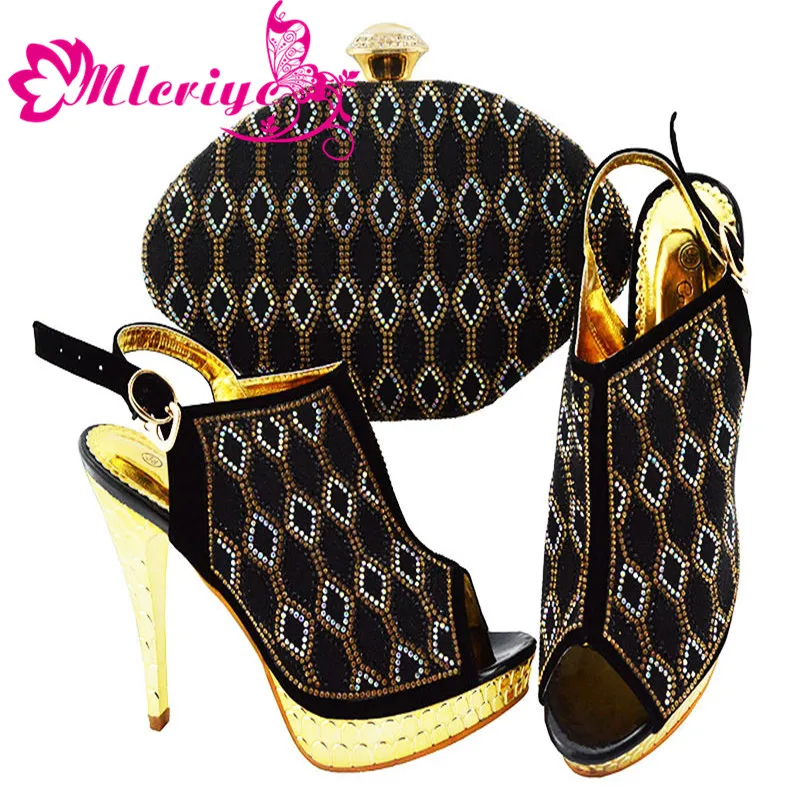 

New Arrival Italian Shoes with Matching Bags Set JZC003-BLACK Decorated with Rhinestone Shoes and Bag Set African Sets