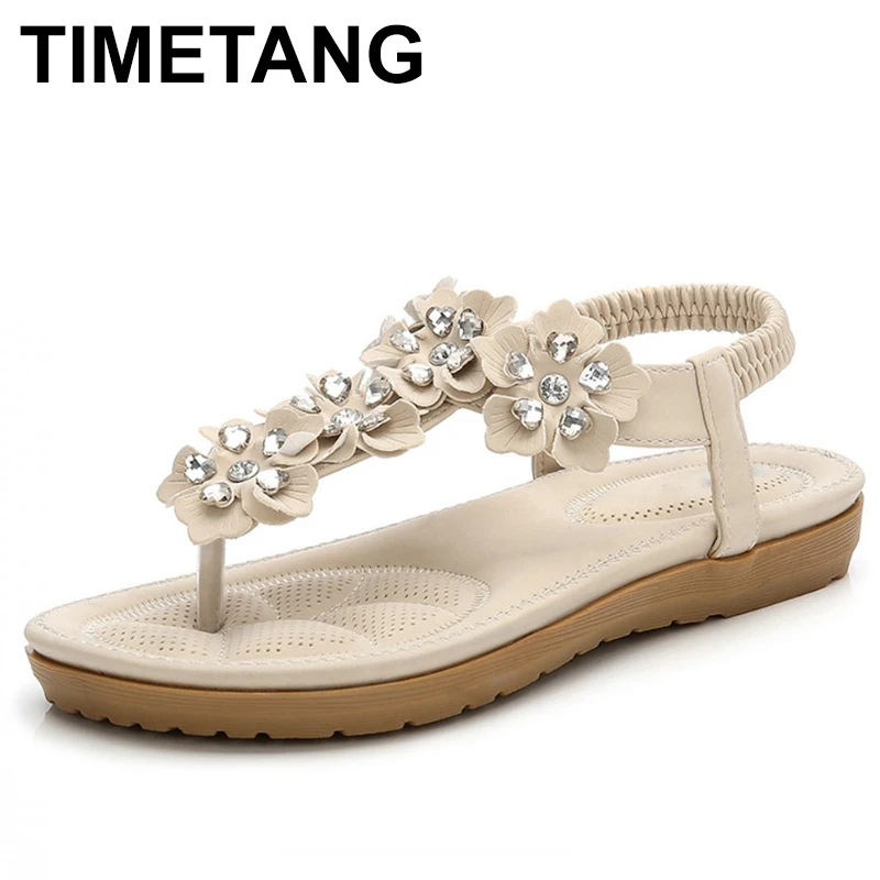 

TIMETANG Women Casual Flat Sandals Woman Bohemia Flower Crystal Flip Flop Beach Soft Summer Sexy Sandals Retro Female ShoesE482