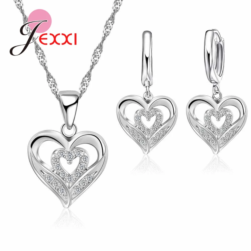 

Latest Double Heart Necklace Earrings Sets Fashion Hollow Design 925 Sterling Silver Elegant Engagement Jewelry