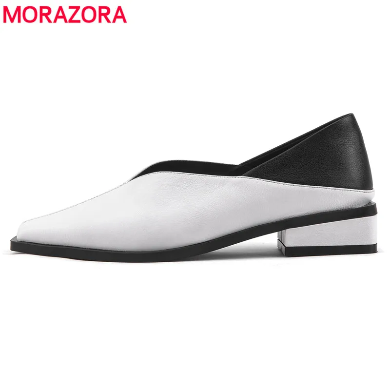 

MORAZORA 2019 hot sale mixed colors women pumps square toe genuine leather shoes shallow square heels casual punk shoes woman