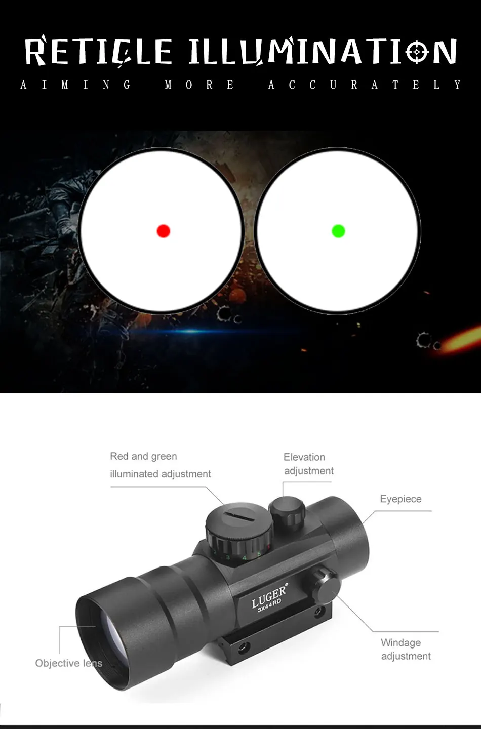 LUGER 3X44 красный зеленый горошек тактический прицел тактический оптика подходят 11/22 мм ласточкин хвост для охоты винтовка пневматический